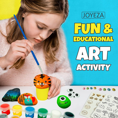 JOYEZA Rock Painting Kit Deluxe, Arts and Crafts for Girls Boys Age 6+, 12 Rocks Tween Gift Art Set, Kids Activities