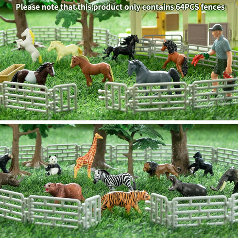 64PCS Toymany Mini Toys Fence for Farm Animals - Tiny Horse Corral Plastic Fencing for Farm Barn Paddock Horses