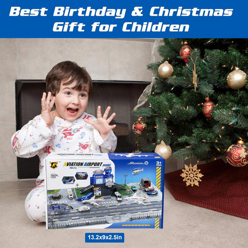 Set Airplane Toy with Trucks, Helicopter, Planes, Signs and Airport Playmat, Interactive Early Learning Toys for Boys
