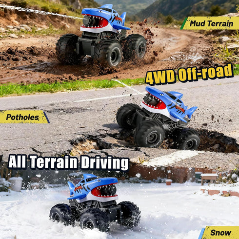 Water,4WD 2.4Ghz 6+ BOBXIN Amphibious Remote Control Shark Monster Truck Squirt All-Terrain Off-Road Waterproof RC Car