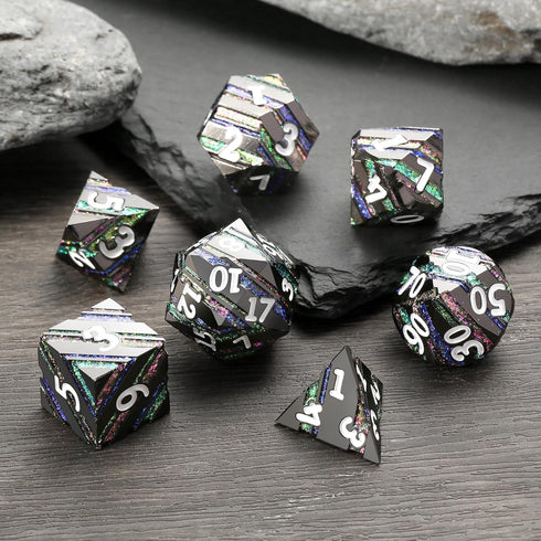 Set DNDND Colorful Stripe Metal Dice, Full Glitter Stripes Metallic DND Dice with Gift Metal Case for Dungeons