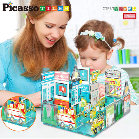 PicassoTiles 8pc Magnet Building Blocks Metro City, Vehicle Magnetized Action Figures, STEAM Educational Toys