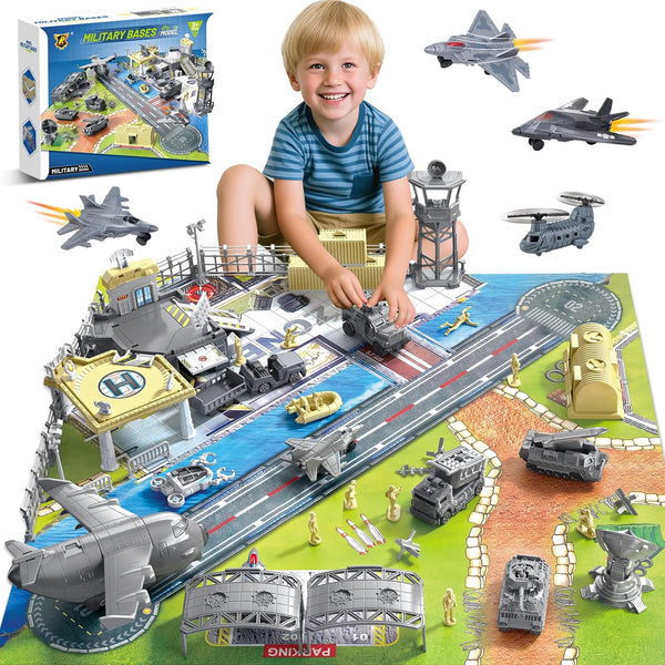Military Base Building Playset, Army Toys with 11 Vehicles Airplane Helicopter Fighter