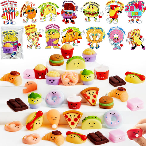 JOYIN 28 Packs Valentines Day Mochi Squishy Toy Gift Cards for Kids,