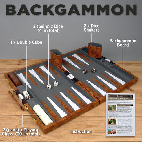 Backgammon Sets for Adults, Leather Board Games for Travel, 15 Inch Board with 32 Pieces in Quality Set