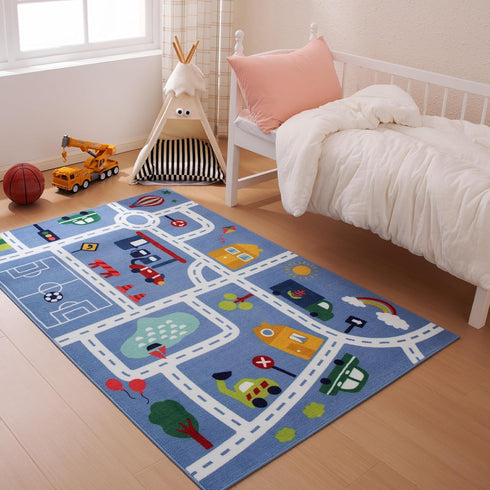 4' 6' Amazon Basics Kids Washable Area Rug, Printed Carpet Play Mat for Living Room, Bedroom, Nursery, Classroom, W L