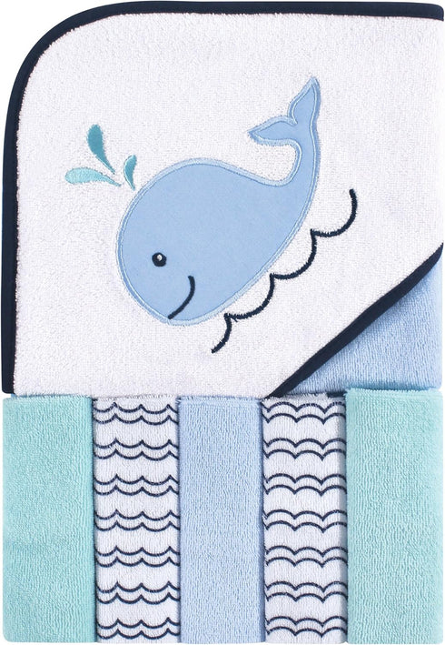 Luvable Friends Unisex Baby Hooded Towel with Five Washcloths - Cotton, Boy Whale, One Size
