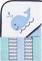 Luvable Friends Unisex Baby Hooded Towel with Five Washcloths - Cotton, Boy Whale, One Size