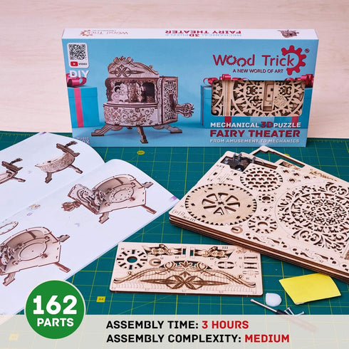 Wood Trick Happy Birthday Fairy Theater Wooden Music Box Kit - 3D Puzzle with Fairy Characters - Hand Crank for Kids &