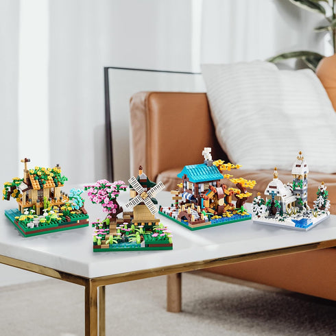 Four Seasons Cherry Blossom Micro Building Blocks Mini Sets, 4 Kits Tree House Flowers & Plants for Adults and Kids