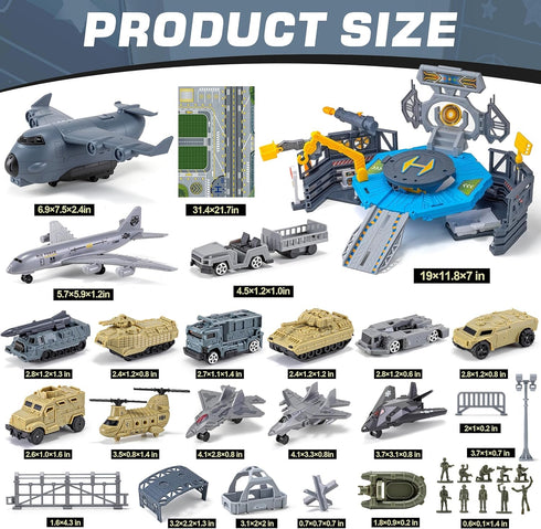Set 14 Military Airplane Toy, Army Toys Military Base with Vehicles Plane Tank Trucks Helicopter Fighter Jet, Airport