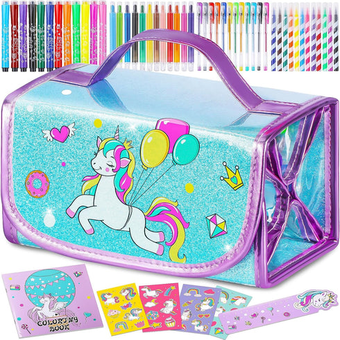 Washable Markers Set with Glitter Unicorn Pencil Case, Art Supplies for Kids