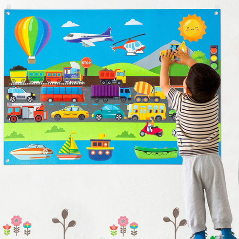 WATINC 35Pcs Vehicle Felt Story Board Set, 3.5Ft Preschool Transportation Themed Storytelling Kit for Kids
