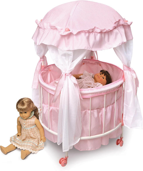 Badger Basket Toy Royal Pavilion Round Doll Bed with Canopy and Bedding for 18 inch Dolls, Pink/White