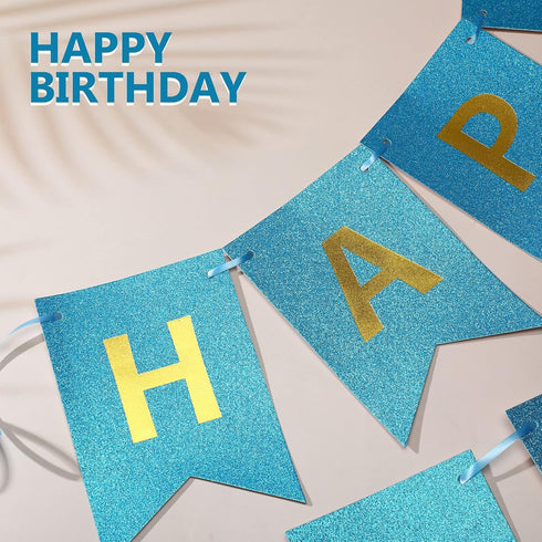 Clabby Glitter Happy Birthday Banner, Shiny Letters Hanging Signs for Party Supplies Backdrop Decoration, Blue