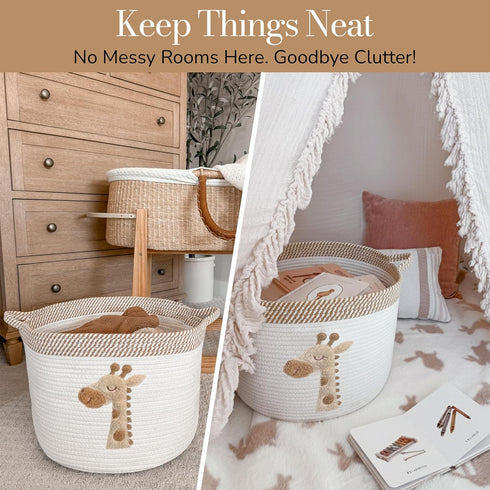 15x11 Giraffe Storage Basket for Nursery Large Cotton Rope Bin with Soft Felt Animal Patch Toy Organizer, Baby Laundry