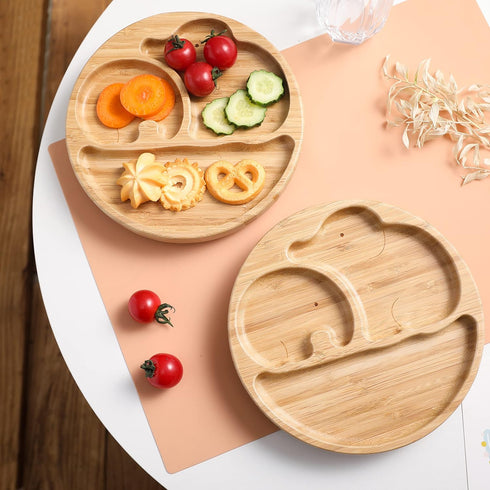Suction Plates for Baby & Toddler, Bamboo Divided Platter Feeding Dishes with Silicone Fork& Spoon, All-Natural Baby Food Plate Stays for Baby-Led Weaning, Non-Slip Design by let's make