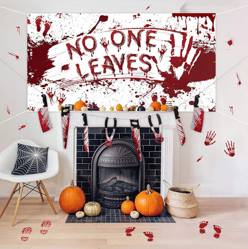 Halloween Scary Decorations Set: Horror Banner, No One Leave Backdrop, Bloody Footprints, Handprints Floor Clings,