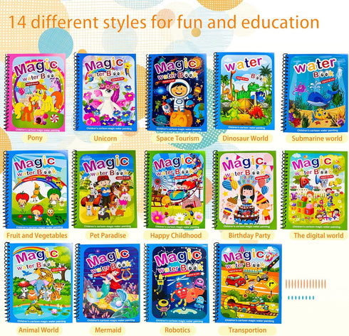 14 Pack Water Coloring Books, Reusable Water Doodle Book Toys, Educational Learning Kits Gifts for Toddlers