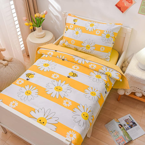 4 Set, Sets Btargot Pieces Ultra Soft Toddler Bedding Colorful Bees and Flower Pattern Stripe Comforter for Baby Girls