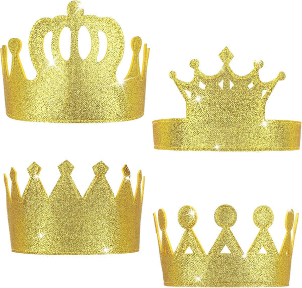 Tatuo 4 Pieces Gold Felt Glitter Birthday Crown Stretch Kids Crown for Boys or Girls