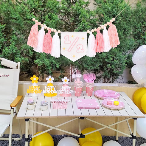 1/2 Tassels,6 Daisy Birthday High Chair Banner - Girls Half Birthday Party Decorations,Boho Daisy Highchair Banner
