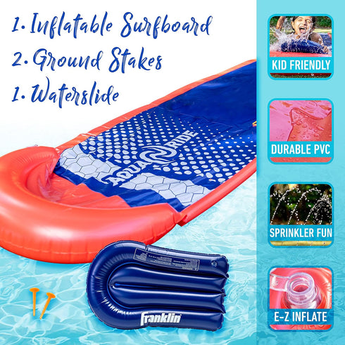 Franklin Sports Aqua Ride Kids Waterslide, 25' Lawn Water Sliding Mat + Inflatable Surf Board, Outdoor Toy