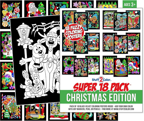 Super Pack of 18 Fuzzy Velvet Coloring Posters – Christmas Edition for Family Craft Project, All Ages DIY Fun