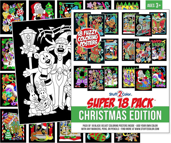 Super Pack of 18 Fuzzy Velvet Coloring Posters – Christmas Edition for Family Craft Project, All Ages DIY Fun