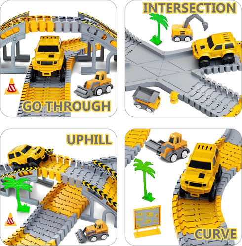 253 PCS Construction Race Tracks Toy for 3-8 Year Olds, 5 PCS Truck Car and Flexible Track Play Set
