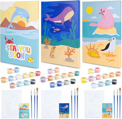 BONNYCO Paint by Numbers Kit for Kids - Sea Animals Pack of 3 Canvas