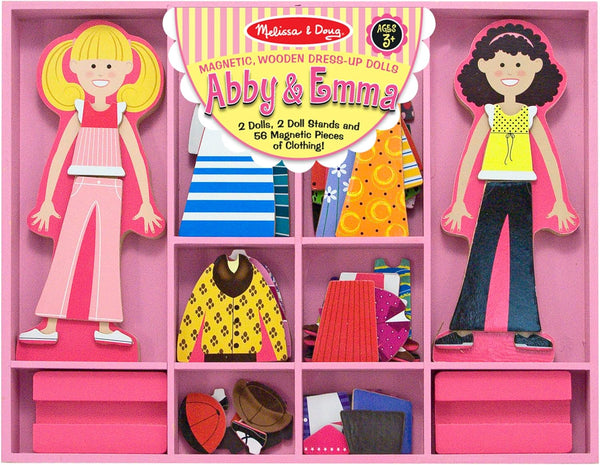 Melissa & Doug Abby and Emma Deluxe Magnetic Wooden Dress-Up Dolls Play Set - 55+ pcs for Kids Ages 3+