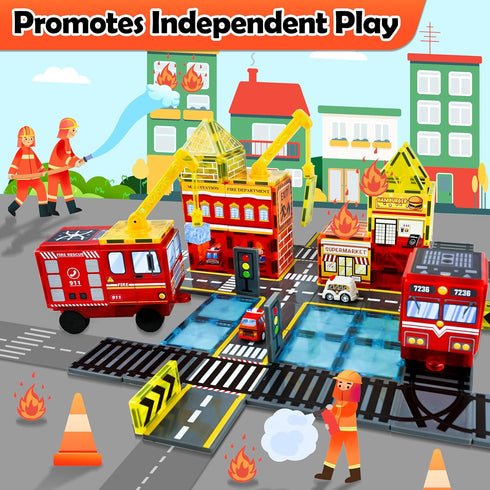52pcs Magnetic Tiles Road Set - Fire Truck and Magnetic Crane, Creative Construction Toys for Ages 3-12