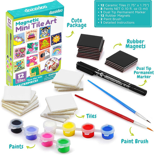 Magnetic Mini Tile Art DIY Craft Kit, Design and Paint Magnet Tiles, Includes 12 Tile Magnets, 8 Paint Colors