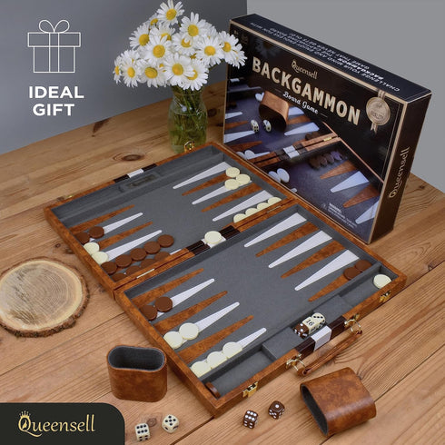Backgammon Sets for Adults, Leather Board Games for Travel, 15 Inch Board with 32 Pieces in Quality Set