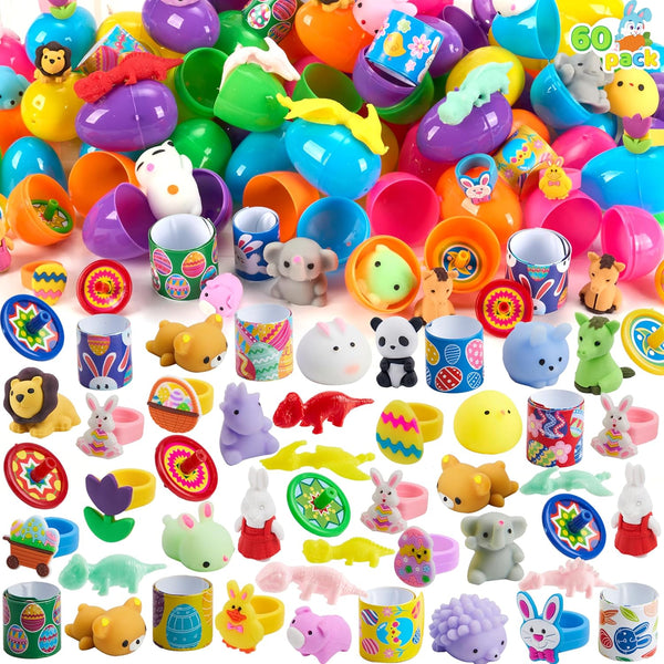 JOYIN 2.2' 60 PCS Prefilled Pastel Eggs with Assorted Toys, Stuffed Toys