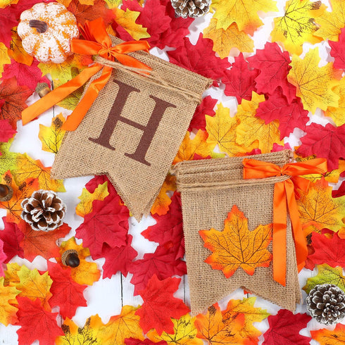 2 Pieces Happy Fall Banner Thankful Burlap Thanksgiving Banner for Mantle, Pumpkin Maple Leaf Garland Decoration