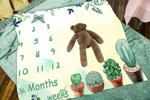 Baby Monthly Milestone Blanket, Green Cactus Butterfly Leaves, Newborn Growth Chart, 48x40 Inch