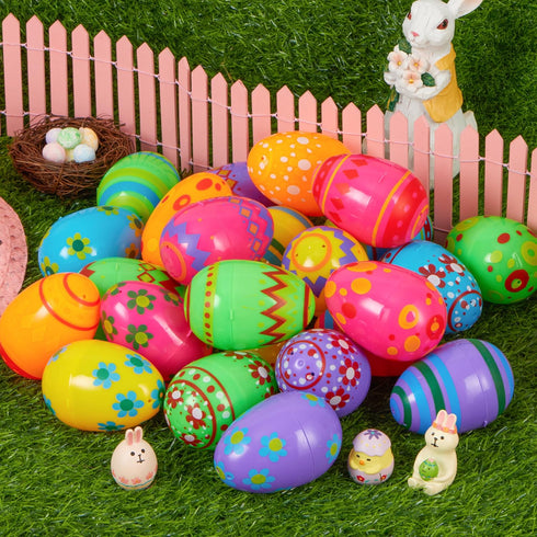 3.15Inch Favor-18 JOYIN Printed Plastic Eggs Colorful, Fillable Empty Eggs Bulks for Easter Hunt Event, Party pcs