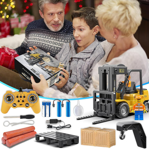 RC Forklift Truck 2 in 1 Transform Lift Fork & Hook, 11 Channel Remote Control Forklift, 2 Battery, Kids Toy Gift 6+