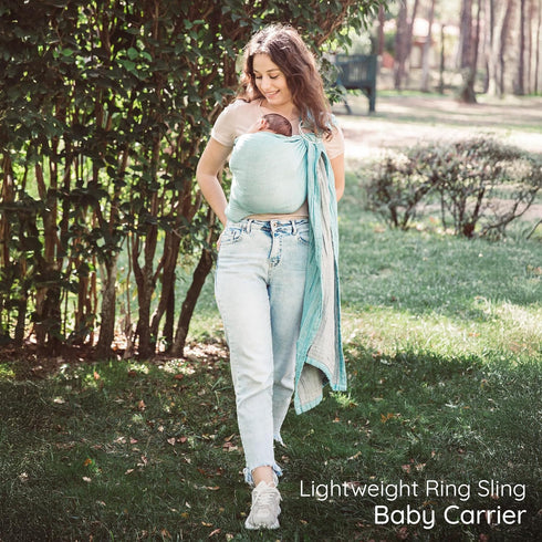 100% Ring Sling Baby Carrier - USA Lab Tested, Natural Cotton Muslin, Breathable & Ergonomic Ring Sling Grey Turquoise