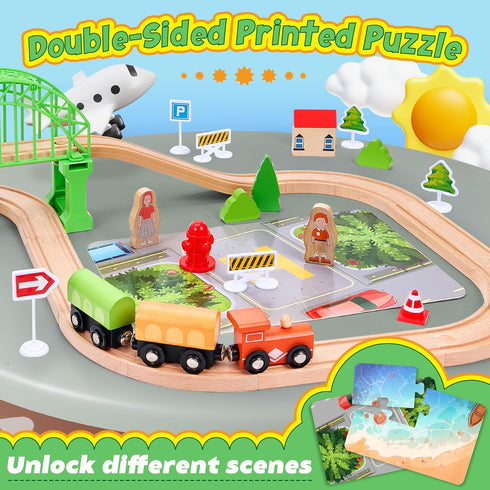 Set 61-Piece 3-8, Playset Wooden Train for Toddlers Kids Ages Double-Sided Expandable Train Track with Puzzles