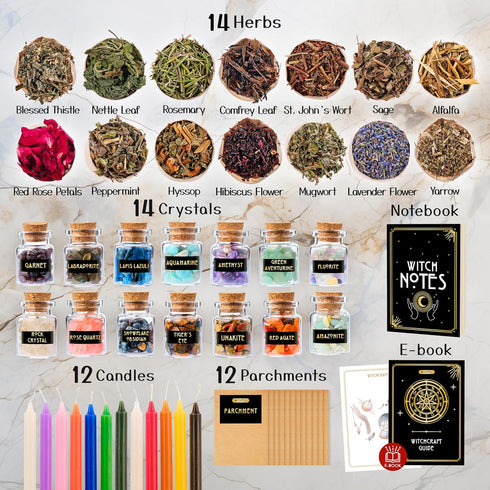 54PCS Wyspell Witchcraft Supplies Kit for Witch Altar - Spell Candles for Witches - Crystals Spell Jars for Witches
