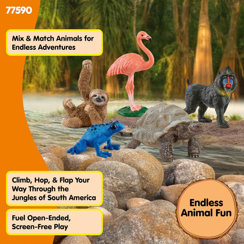 5PC Playset 5+ 77590 Schleich Wild Life - Exotic Animal Starter Figurine Bundle - With Flamingo, Sloth, Frog, Giant