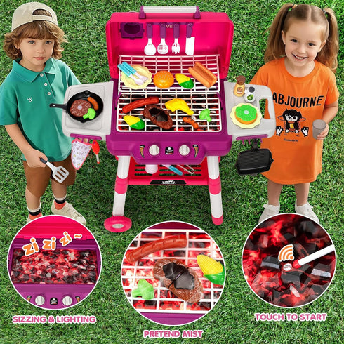 Playset 2-Layer Set 3-5, Kids Play Kitchen Toys, Kids BBQ Grill with Smoke Sound Light, Barbecue Toy with Wheels
