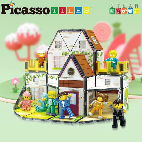 PicassoTiles Magnet Tile Building Block Family Homestead Doll House Playset, 8 Character Action Figures, STEM Kit