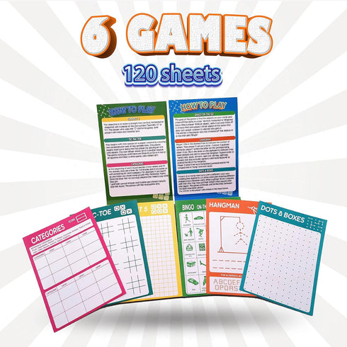 6 Portable Travel Game Activities Notepad, On The Go Plane Trip Game, 4 x 6-inches (2 Pads and 60 Sheets Each)