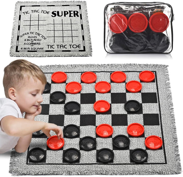Giant Checkers Board Game Set - 3 in 1 Jumbo Tic Tac Toe Game for Kids & Adults, Indoor Outdoor Fun