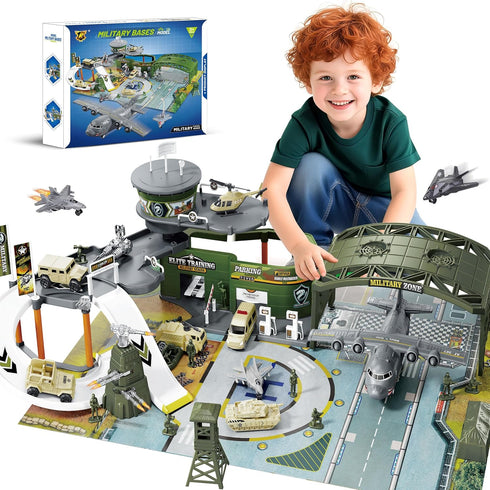 Military Base Toy Race Track Set with Airplane, Tanks, Cars, Helicopters, Fighter