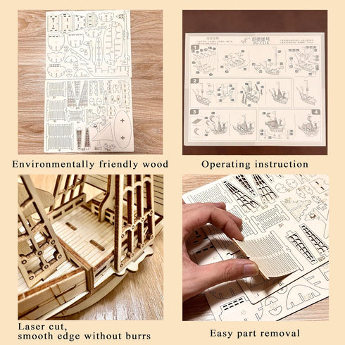 MPIUET 3D Sailboat 3D Wooden Puzzle for Adults, Sailship Model Kits to Build, Jigsaw Brain Teaser Puzzles, No Glue